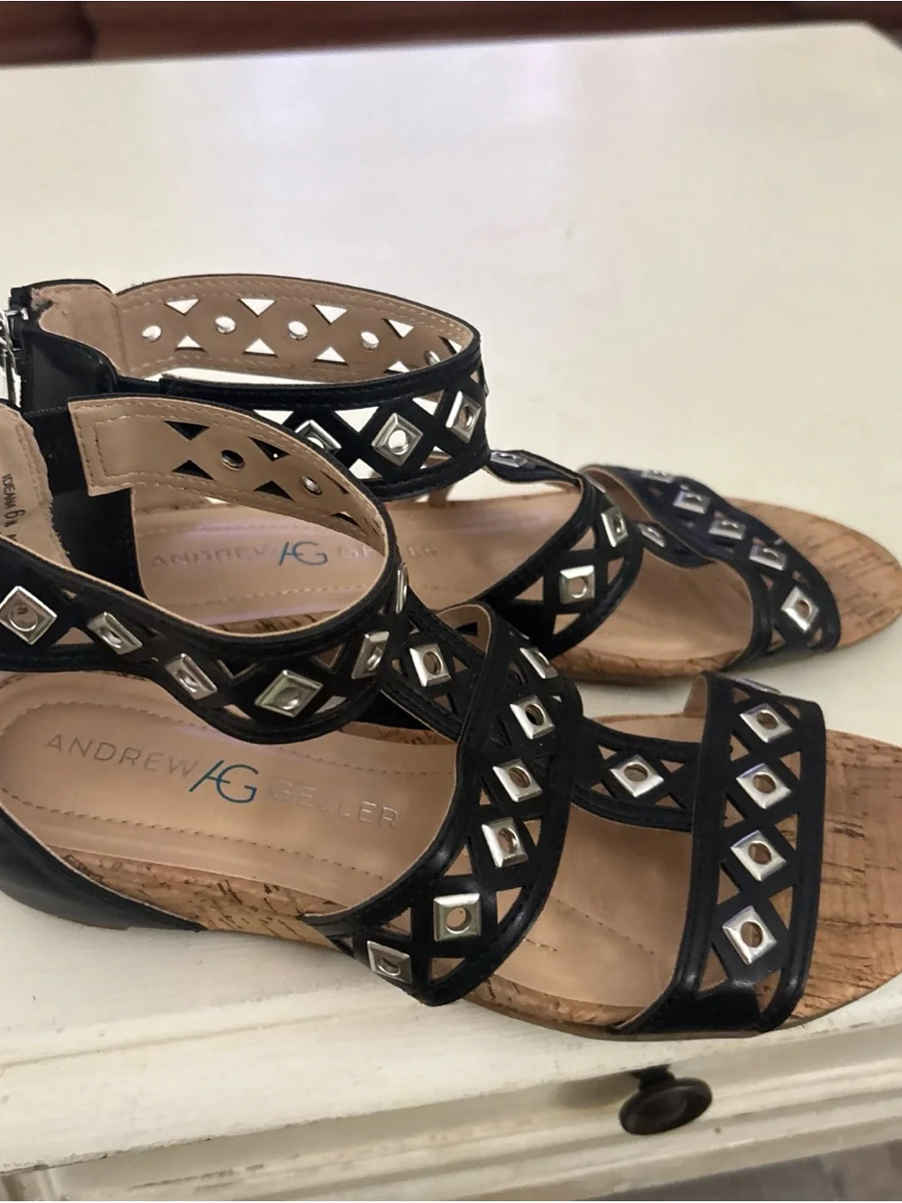 Black Studded T-Strap Cork Sandals Andrew Gellar Size 6